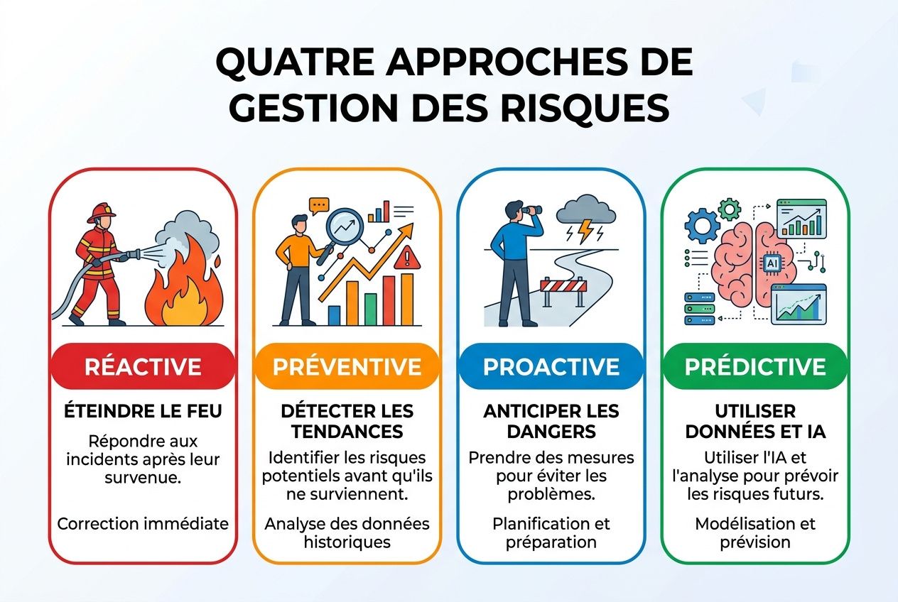 Quatre approches de gestion des risques illustrées: réactive, préventive, proactive et prédictive avec des icônes de feu, graphiques et cerveau. Gestion risques environnementaux dans l'image.