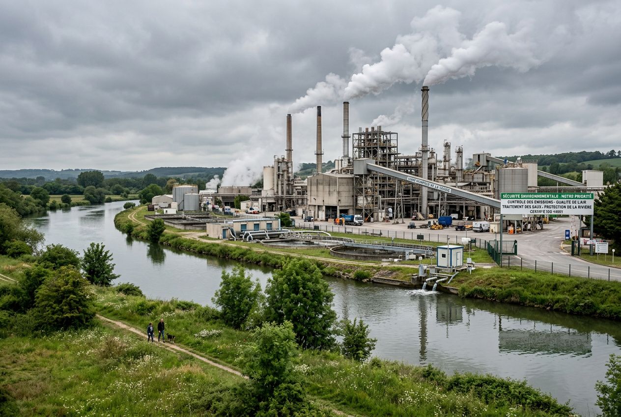 Usine industrielle avec chemin pédestre longeant une rivière, fumées s’échappant des cheminées et ciel nuageux, évoquant la gestion risques environnementaux.
