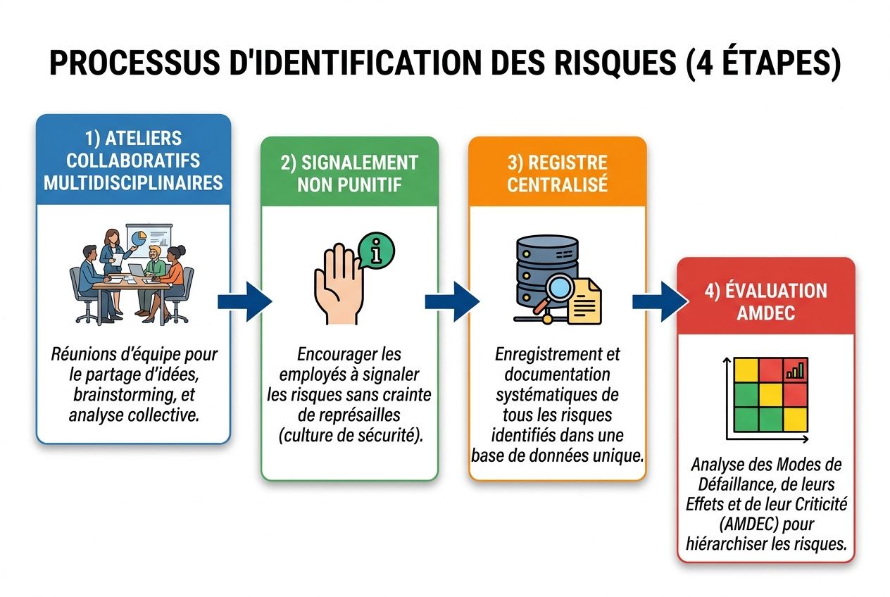 Processus d'identification des risques (4 étapes) avec ateliers collaboratifs, signalement non puni tif, registre centralisé et évaluation AMDEC pour la gestion risques environnementaux.