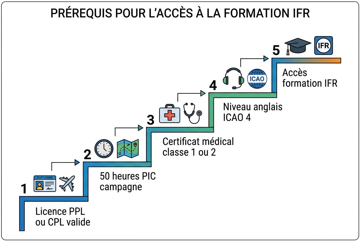 Diagramme des prérequis pour l’accès à la formation IFR avec étapes et pictogrammes: licence, 50 h PIC, certificat médical, niveau anglais ICAO 4 et accès formation IFR.