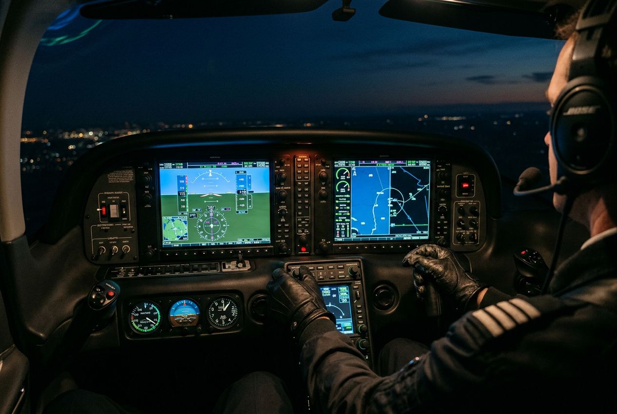 Pilote dans le cockpit d’un avion, écrans et instruments de vol affichant des cartes et données de navigation, en plein vol nocturne; description associée à une formation IFR.
