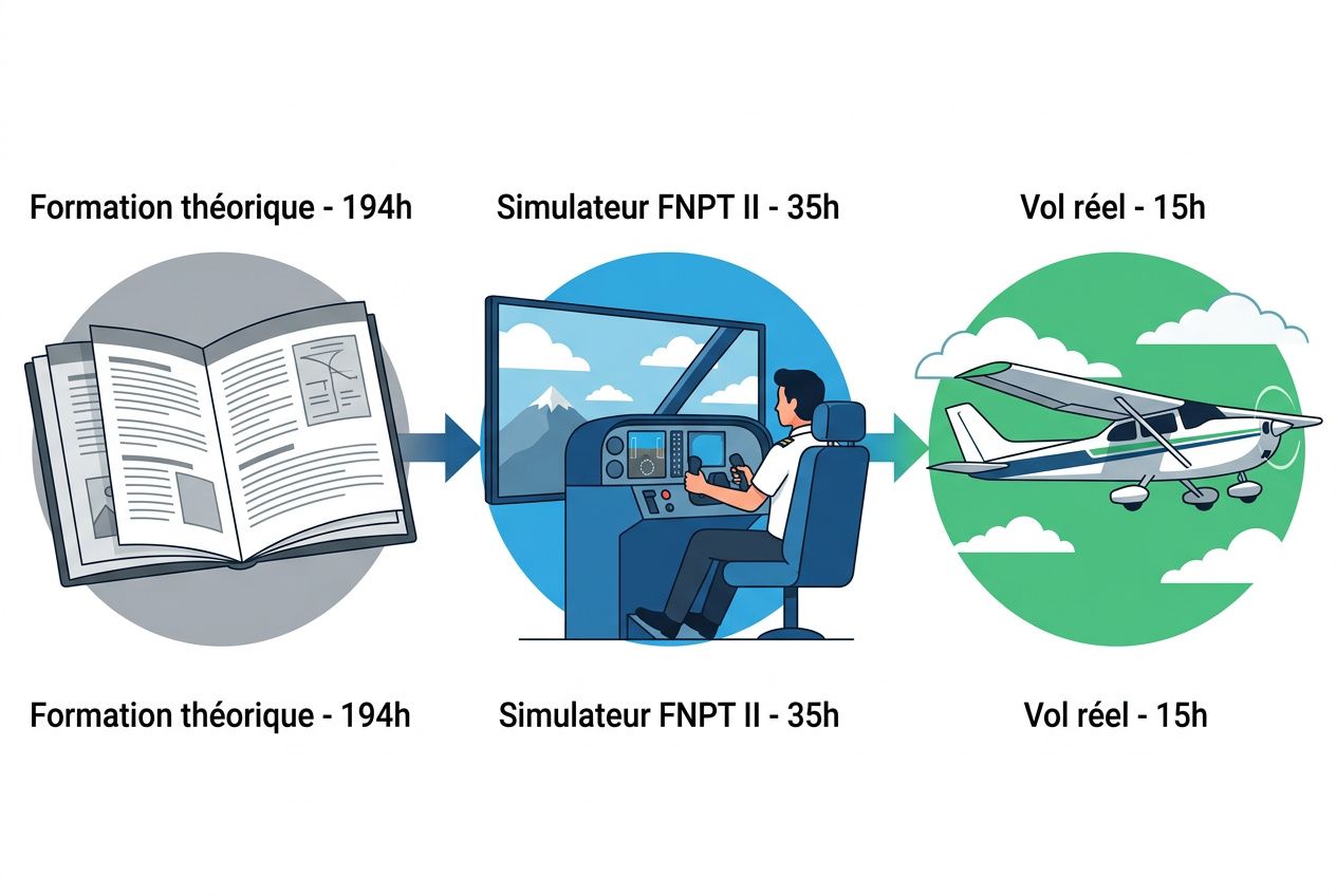 Formation théorique et simulateur FNPT II puis vol réel pour une formation IFR: vol aux instruments et BIR illustré par des supports théoriques, simulateur et avion.