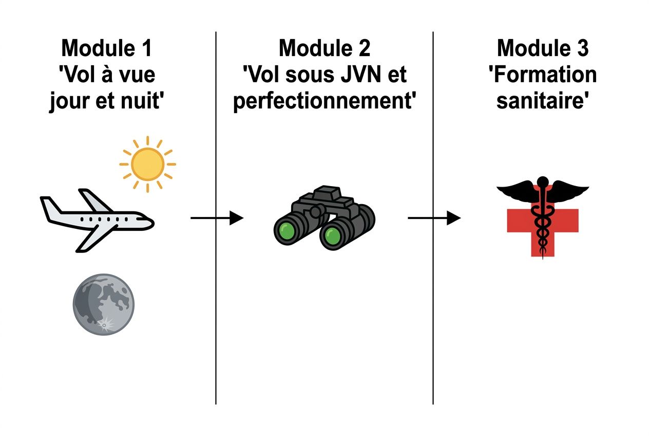 Formation assistant de vol montrant l’évolution du module 1 « Vol à vue jour et nuit », suivi du module 2 « Vol sous JVN et perfectionnement » et du module 3 « Formation sanitaire ».