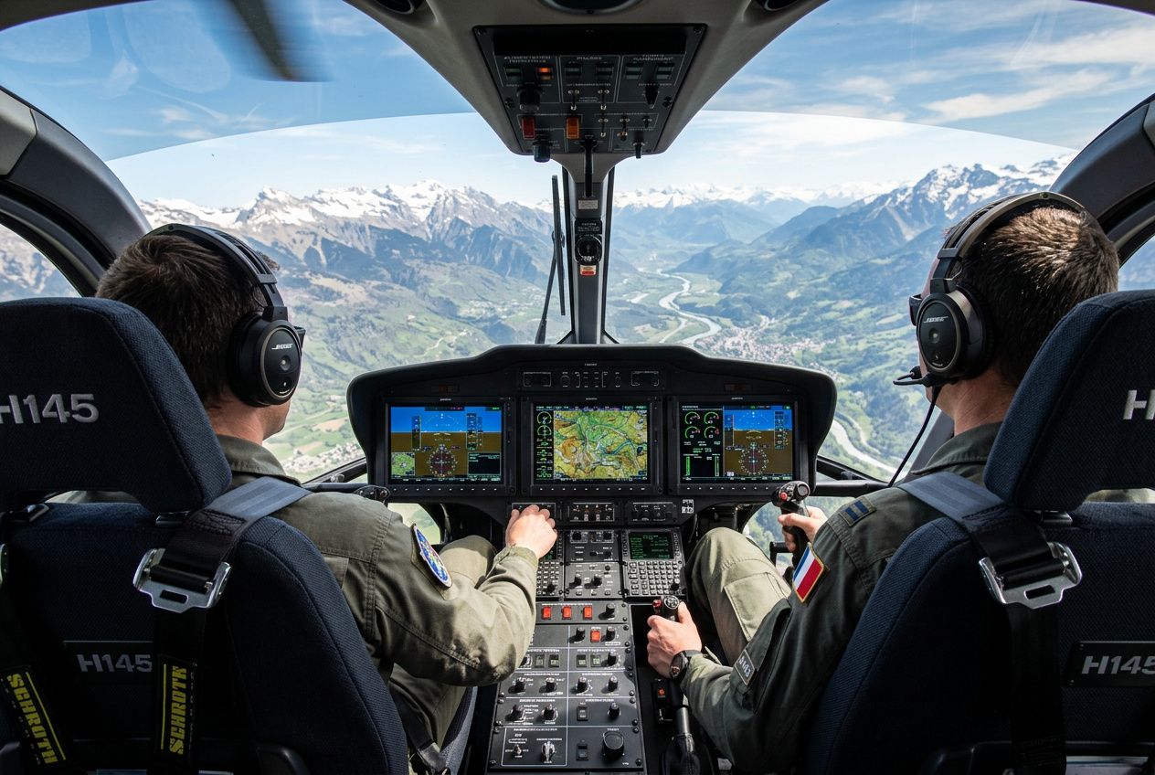 Deux pilotes en cockpit d’un avion, contrôleurs d’instruments et vue panoramique sur les montagnes et la vallée, affichages de navigation au centre. Formation assistant de vol mentionnée.