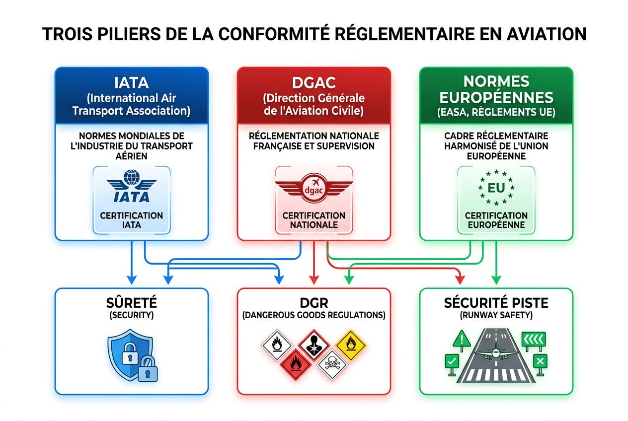 Diagramme des trois piliers de la conformité en aviation: IATA, DGAC et normes européennes, avec sécurité, DGR et sécurité piste. Intégration du terme butterfly training stagiaire.