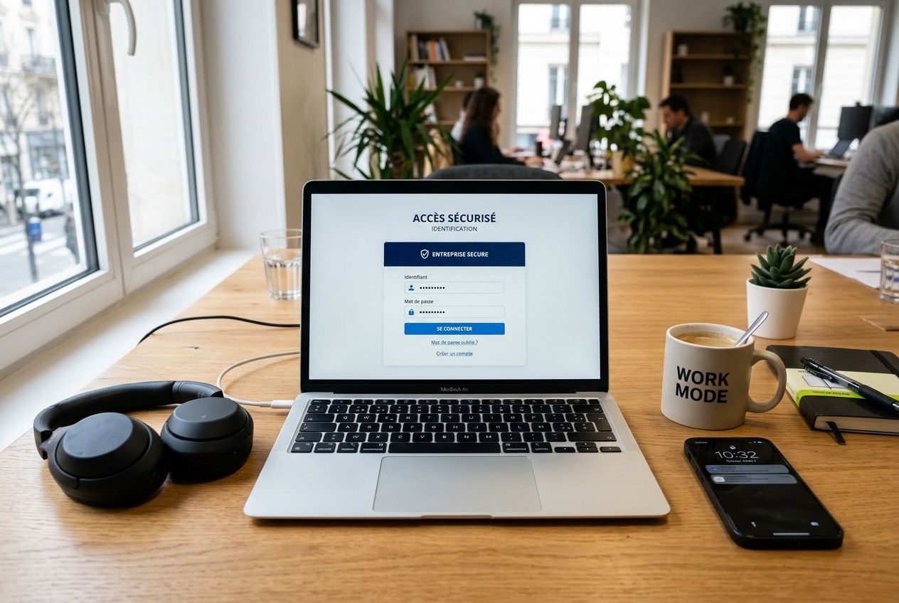 Accès sécurisé sur ordinateur portable montrant une page d’identification, avec casque audio, tasse “WORK MODE” et smartphone sur un bureau, ambiance coworking. butterfly training stagiaire intégré.